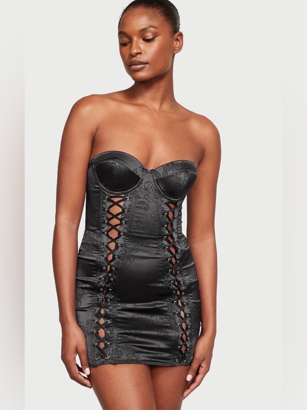 Victoria’s Secret NWT Black Satin Jacquard Rose Print Corseted Strapless Mini L